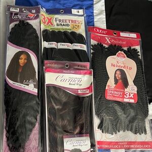 Four varieties of hair packages. Freetress, Lulutress, Carmen Band Wigs, 
Outre